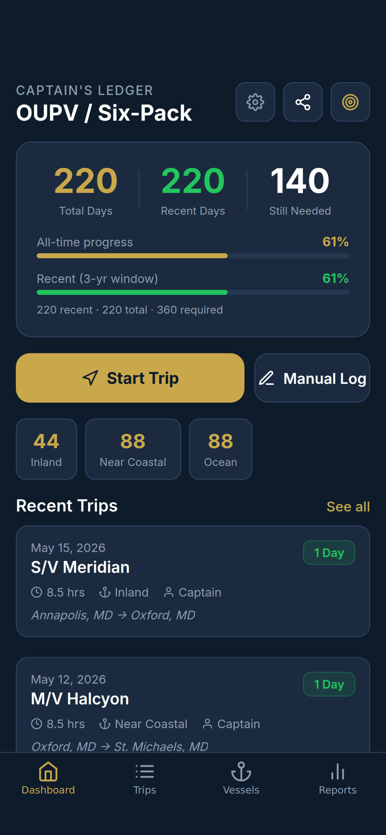 Released app dashboard showing sample sea-time totals and license progress.