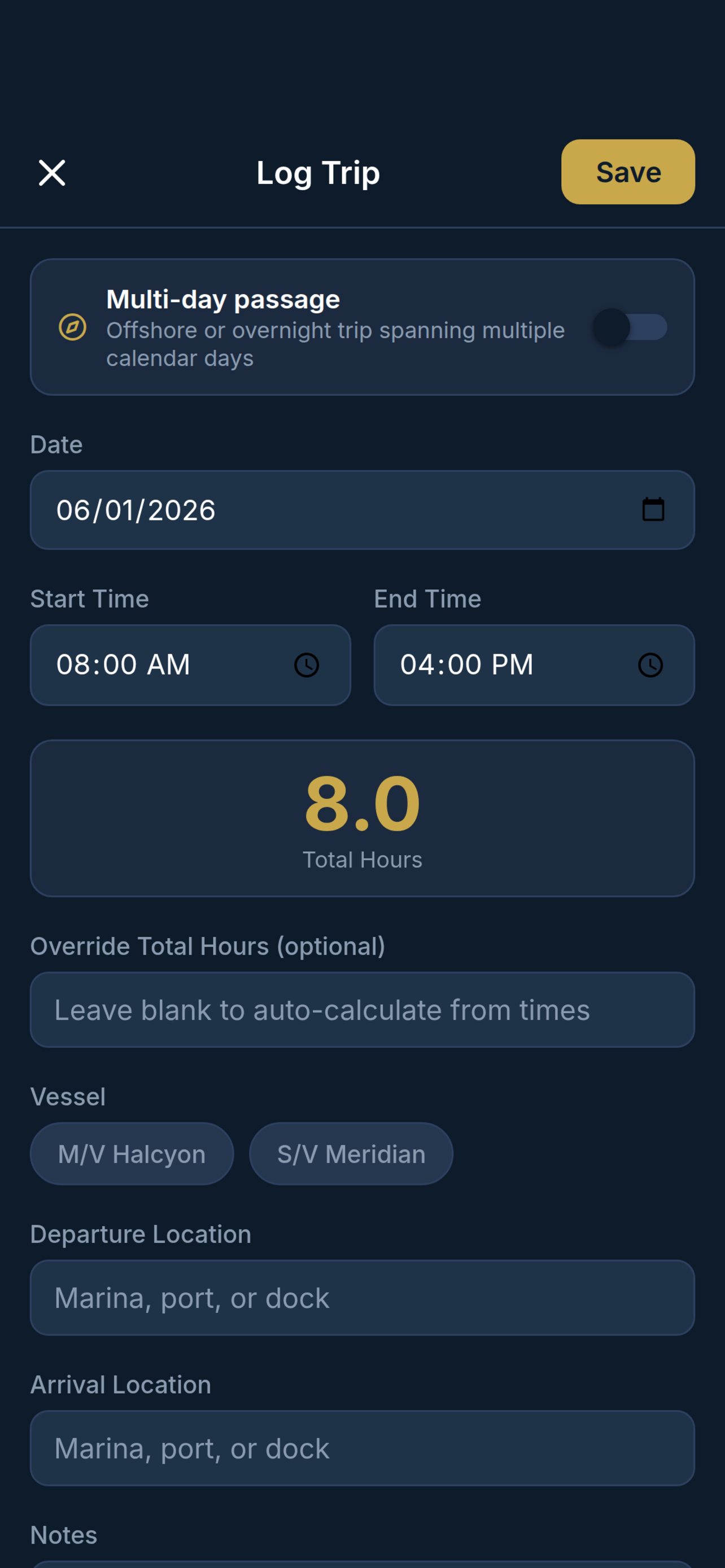 Released app entry screen showing date, start time, end time, and vessel fields.